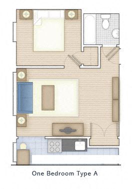 Floor plan for 1 bed, 1 bath, 400 sqft